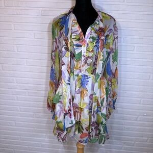 Ark & Co Beige Floral Tiered Ruffle Tie Mini Dress, Women’s Size Small